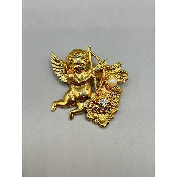 Vintage Gold Tone Cupid with Arrow Angel Brooch with Pearl & Rhinestone Accents - Picture 2 of 6